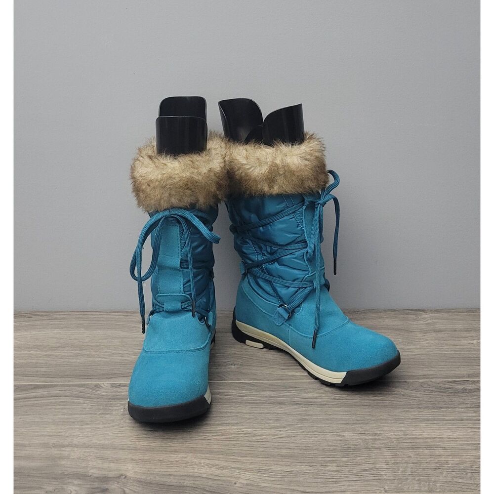Lands' End Womens Darla Boots 7B Teal Suede Faux Fur Collar Lace Up Front
